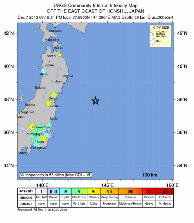 JAPAN QUAKE. Magnitude 7.3 earthquake hits off the east coast of Honshu. Screen shot from http://earthquake.usgs.gov/earthquakes/eventpage/usc000e5n4#dyfi