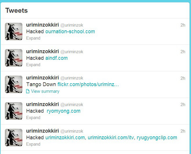UNAUTHORIZED ACCESS. The Uriminzokkiri Twitter account is hacked. Screenshot from Twitter