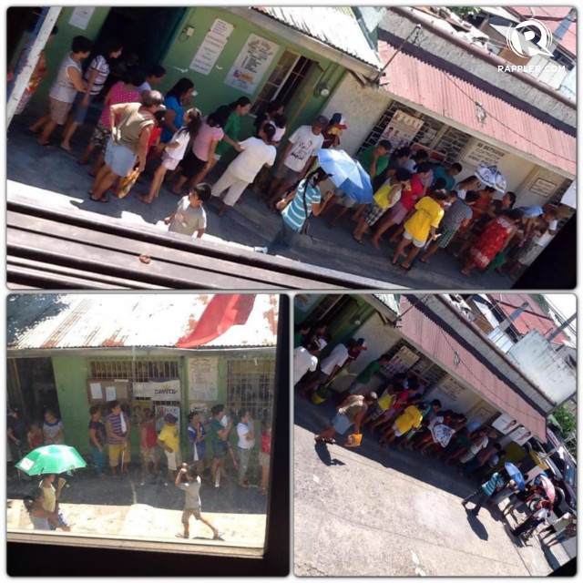 VOTE BUYING. Voters line up in Bayan Luma, Imus City to receive P500 and a sample ballot enclosed in an envelope.