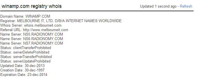 NAMESERVER CHANGE. The nameservers for Winamp.com are now pointing to Radionomy. Screen shot from WHOIS.com.