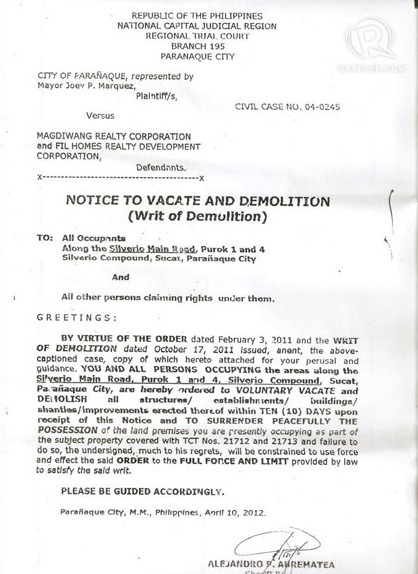 The official notice of demolition issued by Paranaque RTC Branch 195.