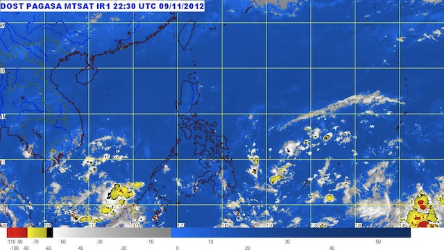 CLOUDY. Filipinos can expect cloudy weather with occasional rainshowers today. Satellite image as of 6:30 a.m. courtesy of PAGASA.
