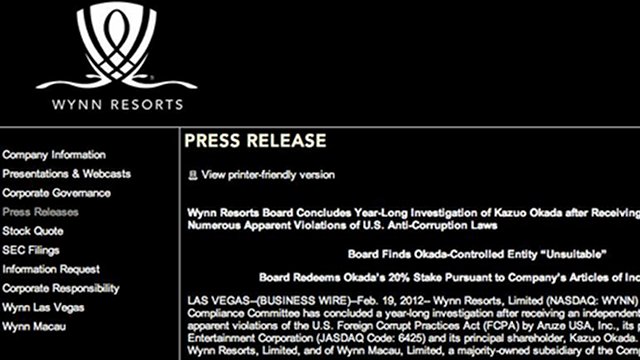ONLINE. The Internet libel case the group of Japanese businessman Kazuo Okada filed against Nevada-based Steve Wynn cites this press release posted on Wynn Resorts' website screen grabbed here