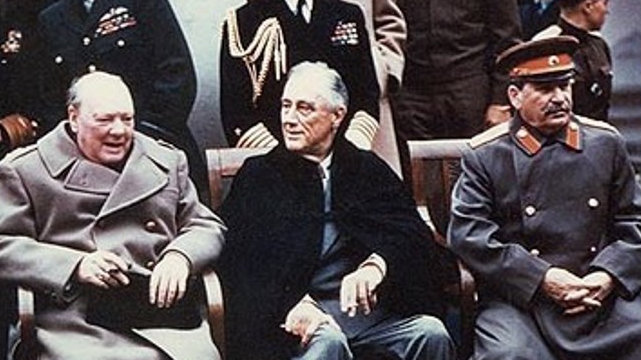BIG THREE. Yalta Conference in February 1945 with (from left to right) Winston Churchill, Franklin D. Roosevelt and Joseph Stalin. Photo from Wikimedia