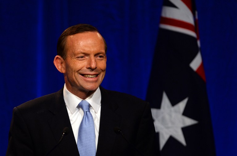 ELECTION WINNER. Conservative challenger Tony Abbott delivers his address in Sydney on September 7, 2013. AFP / Saeed Khan
