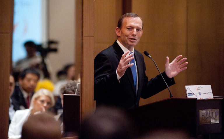 Australian opposition leader Tony Abbott in a file photo taken July 24, 2012. AFP PHOTO / GOU YIGE