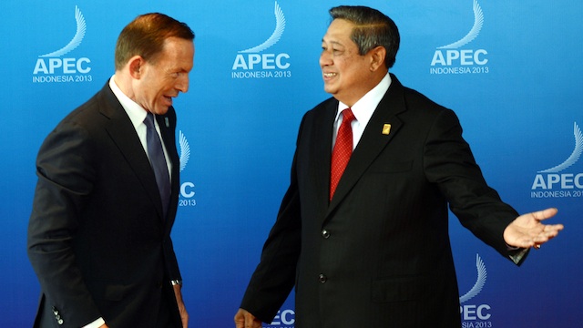CHUMS NO MORE? Australia's Prime Minister Tony Abbott (L) is greeted by Indonesia's President Susilo Bambang Yudhoyono at the APEC Summit in Nusa Dua, Bali, Indonesia, 07 October 2013. EPA/Romeo Gacad/Pool