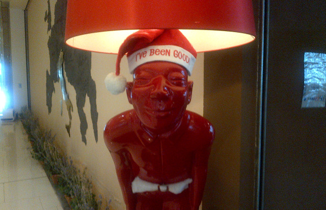 A dressed up lamp at an Italian restaurant. Nowhere near Christmas decors we have in the Philippines.