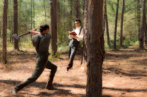 WOULD-BE SLAYER. Benjamin Walker and Dominic Cooper are clearly not tree huggers