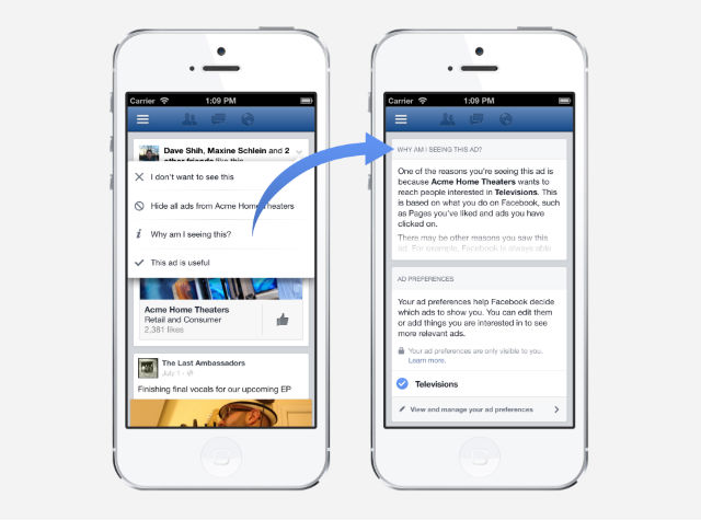 CHANGE OPTIONS. An option to change what ads Facebook shows you will also be built-in to posts. Screenshot from Facebook Newsroom
