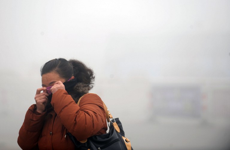 A woman covers her face with her sweater in the heavy smog in Haozhou, central China's Anhui province on January 30, 2013. AFP PHOTO