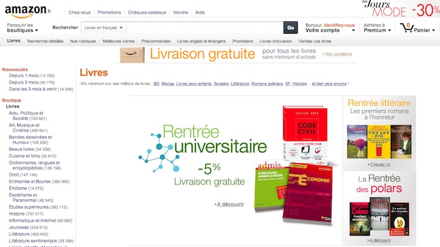 NO FREE DELIVERIES. French lawmakers passed a bill banning free deliveries of discounted books sold online, specifically Amazon.fr. Screengrab from Amazon.fr