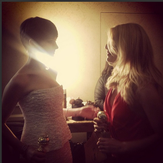 FAVE SNAPSHOT. Anne Hathaway and Claire Danes, both Best Actress winners, share a moment backstage. Instagram photo posted by goldenglobes