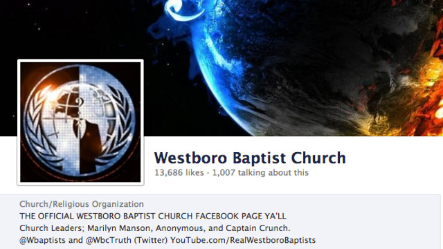 BRANDJACKING. Anonymous usurps the Westboro Baptist Church Facebook. Screen shot from Facebook