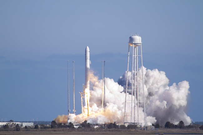 LIFTOFF. The Antares rocket clears the launch pad on its way to orbit. NASA/Bill Ingalls