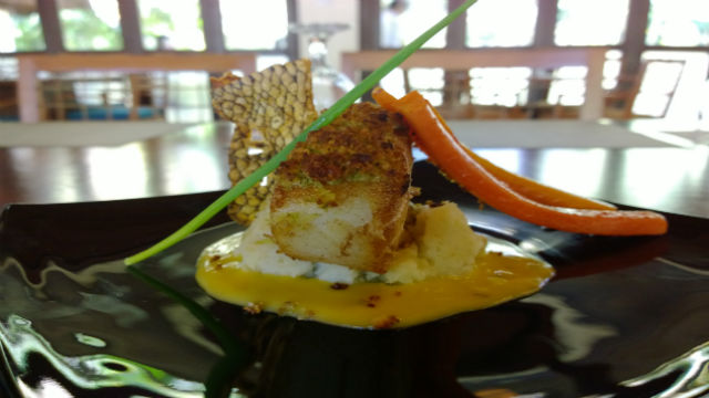 BAKED CHILEAN SEA BASS. Walnut and herb crusted Sea Bass with garlic vegetables and mashed potato 