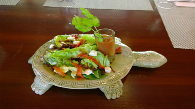 LAGUNA SALAD. Assorted greens with White Cheese of Laguna, Roasted Capsicum, Adobo Flakes and served with Guava Vinaigrette.