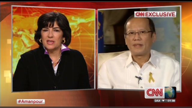 RESPONSE PROBLEMS. President Benigno Aquino III (R) in an interview with CNN's Christiane Amanpour (L), aired Nov 13, 2013. Frame grab courtesy of CNN