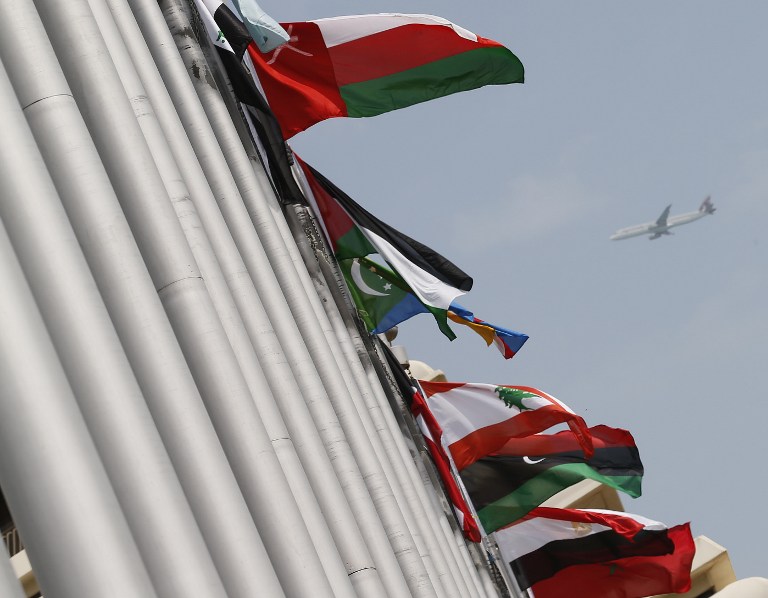 The flags of the 22 arab countries flutter outside the hotel that will host the 24th summit of the Arab League on March 25, 2013 in the Qatari capital Doha. AFP PHOTO/KARIM SAHIB