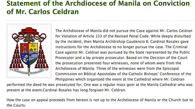 OFFICIAL STATEMENT. The Archdiocesan Office of Communications released the above statement on January 30, 2013. Screenshot from cbcforlife.com.