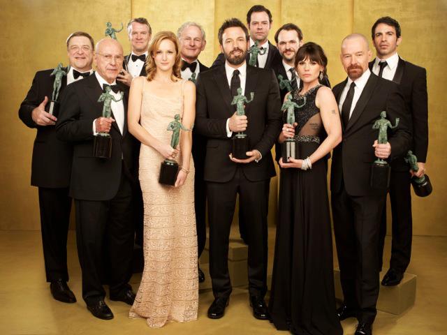 OUTSTANDING CAST IN A MOTION PICTURE. The male and female cast of 'Argo' carry their individual SAG awards after winning Outstanding Cast in a Motion Picture. Photo from the Screen Actors Guild Awards Facebook page