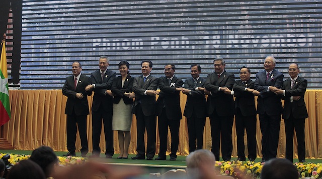 UNITY. Southeast Asian leaders hold hands before opening the ASEAN Summit in Cambodia on Sunday, November 18. Photo by Gil Nartea / Malacañang Photo Bureau