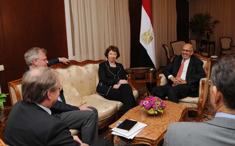 ASHTON IN EGYPT. In this handout picture made available by the Egyptian presidency on July 29, 2013, Egypt's vice president Mohamed El-Baradei (R top) meets with EU foreign policy chief Catherine Ashton (L center) in Cairo. Photo by AFP / Egyptian Presidency
