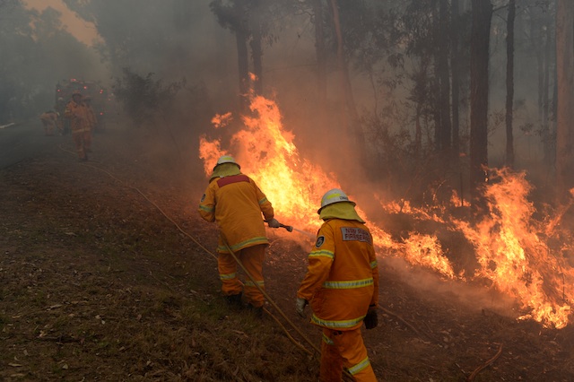 FIGHTING FLAMES. Firefighters at work on Sanctuary Drive as a bushfire comes within meters of homes at Windsor Downs near Richmond, Sydney, 10 September 2013. EPA/Dean Lewins