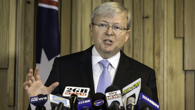 In this file photo, Australian Prime Minister Kevin Rudd speaks to the media in Newcastle, Australia, 01 July 2013. EPA/Jon Reid