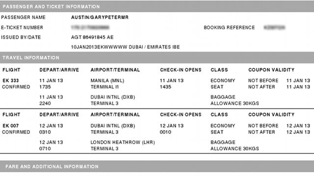 HAPPY ENDING. A screenshot of the Gary Austin's ticket home. Image courtesy of Cecile van Straten.