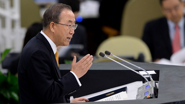 United Nations Secretary-General Ban Ki-moon addresses the audience during the 68th session of the United Nations General Assembly. Photo by Timothy Clary/AFP