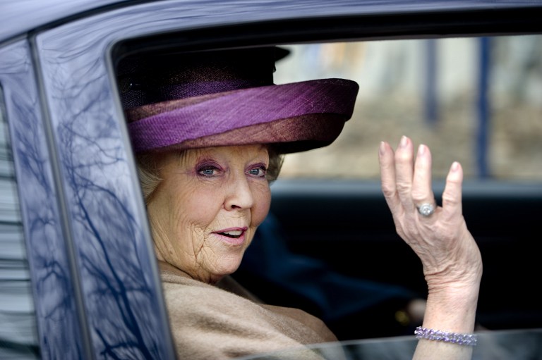 STEPPING DOWN. In this photo taken on April 3, 2012 Queen Beatrix leaves after the opening of an attraction at the Arnhem Open Air Museum in Arnhem. AFP PHOTO/ANP ROYAL IMAGES / ROBIN UTRECHT