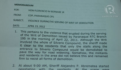 Paranaque Police Senior Superintendent Billy Beltran's incident report.