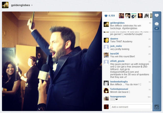Instagram pic posted by goldenglobes shows Affleck celebrating his win with glee backstage
