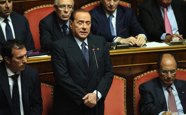 DEFEATED. Former Prime Minister and leader of Forza Italia, Silvio Berlusconi (C) speaks at the Senate before a confidence vote at the Parliament, in Rome, Italy, 02 October 2013. EPA/Alessandro Di Meo