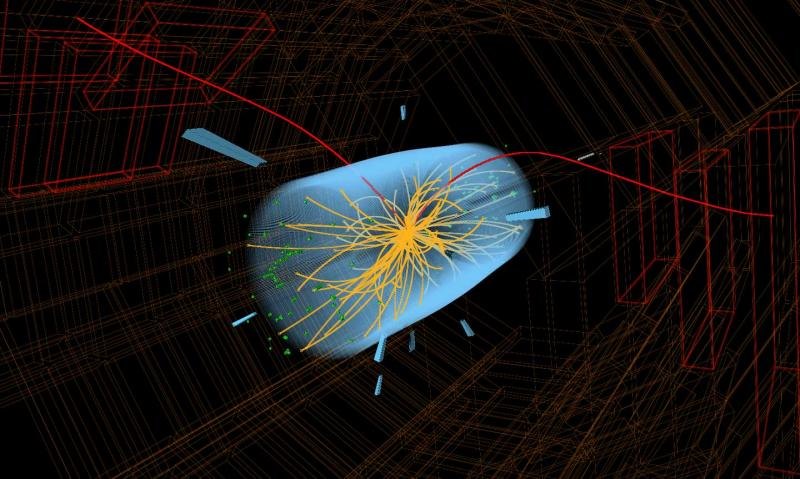 PROTON COLLISION. Protons collide in the CMS detector, producing a Bs particle that decays into two muons (red lines) in this event display from 2012. Image courtesy CMS/CERN