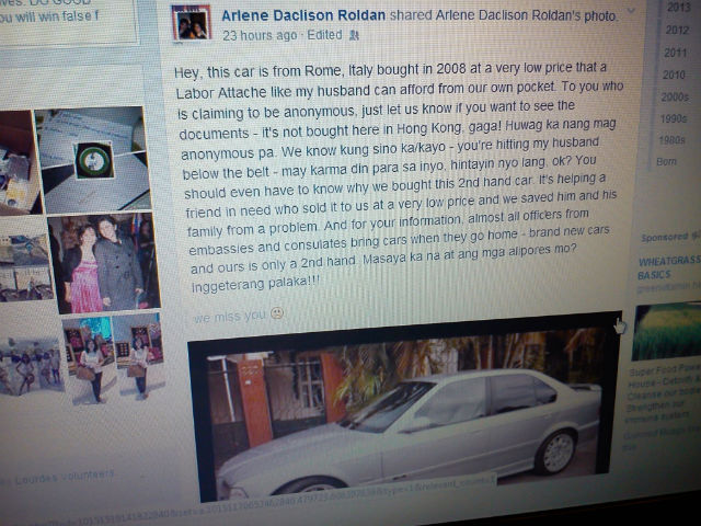 FACEBOOK POST. Roldan's wife responds to critics of her BMW car in Hong Kong. Screenshot from Facebook via Daisy CL Mandap