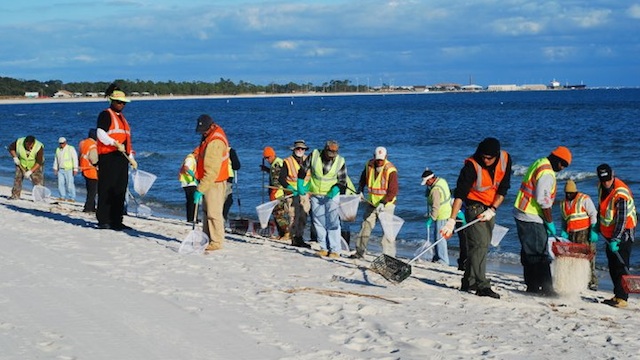 SUSPENDED. Cleanup crews manually sift sand on Barrancas Beach, Florida after the 2010 oil spill. Photo courtesy of BP America