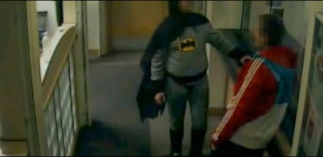 BRADFORD BATMAN. The man dressed as Batman is a takeout delivery guy named Stan Worby. Screengrab from Youtube (marthymamo)