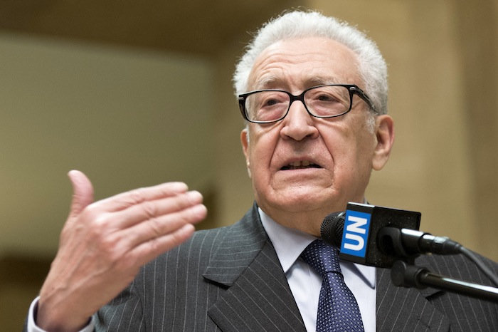Lakhdar Brahimi, Joint Special Representative of the UN and the League of Arab States for Syria, speaks to journalists, following his meeting with United States Deputy Secretary of State William J. Burns and Mikhail L. Bogdanov, Deputy Minister for Foreign Affairs of the Russian Federation, 11 January 2013, in Geneva, Switzerland. UN Photo/Jean-Marc Ferré