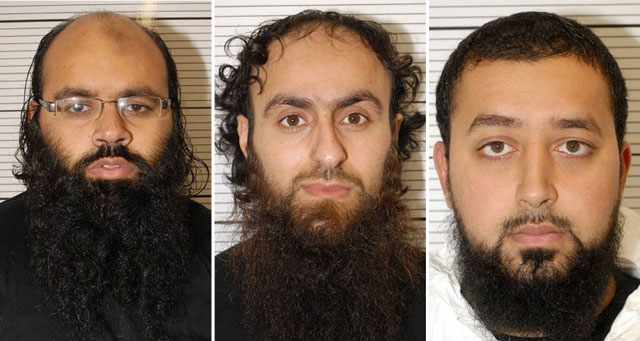 UNITED KINGDOM, London : A combination of handout images released by Britain's West Midlands Police on February 21, 2013, shows Irfan Naseer, (L) Irfan Khalid (C) and Ashik Ali (R). All three British Muslim men were found guilty on Thursday of planning a string of bombings that prosecutors said could have been deadlier than the July 7, 2005, attacks on London's transport network. AFP PHOTO / WEST MIDLANDS POLICE