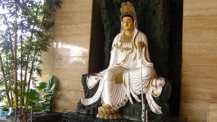 THE GUANYIN WISHING POND at the entrance of the Fo Guang Shan Temple. Guanyin is known as the bodhisattva of great compassion.