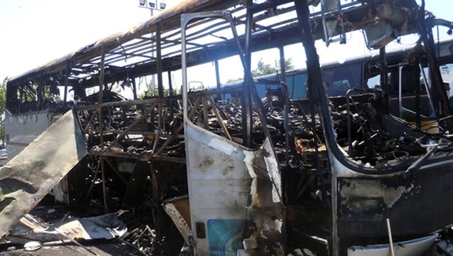 DEADLY BOMBING. A handout picture taken and released on July 19, 2012 by the Bulgarian Interior Ministry shows the wreckage of a bus in Burgas after an explosion ripped through the bus on July 18, injuring more than 30 Israelis and killing six people, including the Bulgarian driver. AFP PHOTO / BULGARIAN INTERIOR MINISTRY