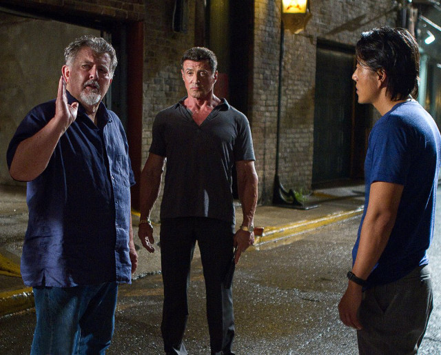 Director Walter Hill (left) with Stallone and Sung Kang (right)