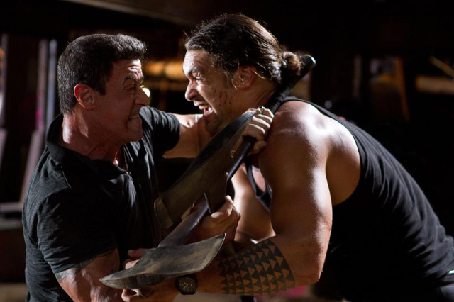 Stallone in the axe fight with Jason Momoa's Keegan