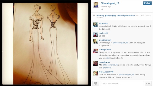 A post by Fille Cainglet on Instagram shows a sketch of a wedding gown.