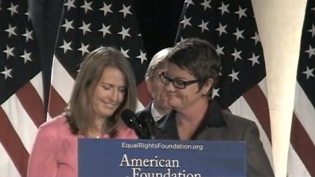 JUST MARRIED. Prop 8 plaintiffs Kristin Perry and Sandra Stier respond to the court ruling. Screenshot from the Youtube account of Outlook Video. 
