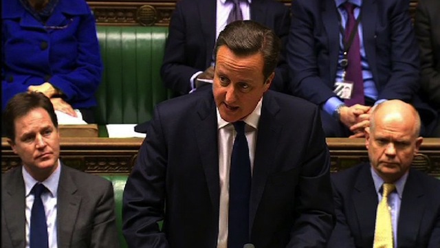 In an image grab from pooled video footage taken on January 21, 2013 shows British Prime Minister David Cameron (C) speaking in parliament in London as Deputy Prime Minister Nick Clegg (L) and Foreign Secretary William Hague look on. AFP PHOTO/POOL