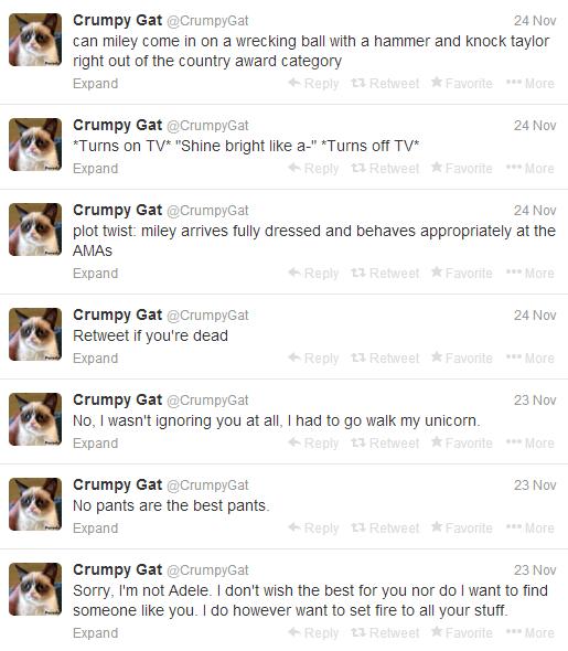 CRUMPY GAT. A gag account based on what the thoughts of the internet's famous Grumpy Cat may sound like. Screen grab of @CrumpyGat's tweets