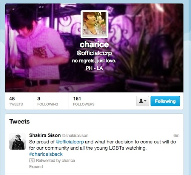 PROUD OF YOU. After her 'The Buzz' interview, Charice retweets Shakira Sison's congratulations. 